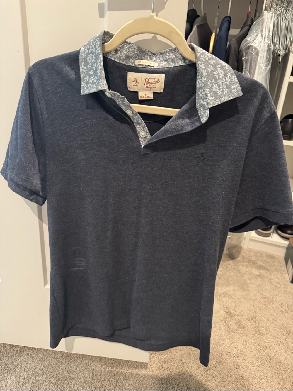 Original Penguin Navy Blue Polo with Light Blue Floral Collar